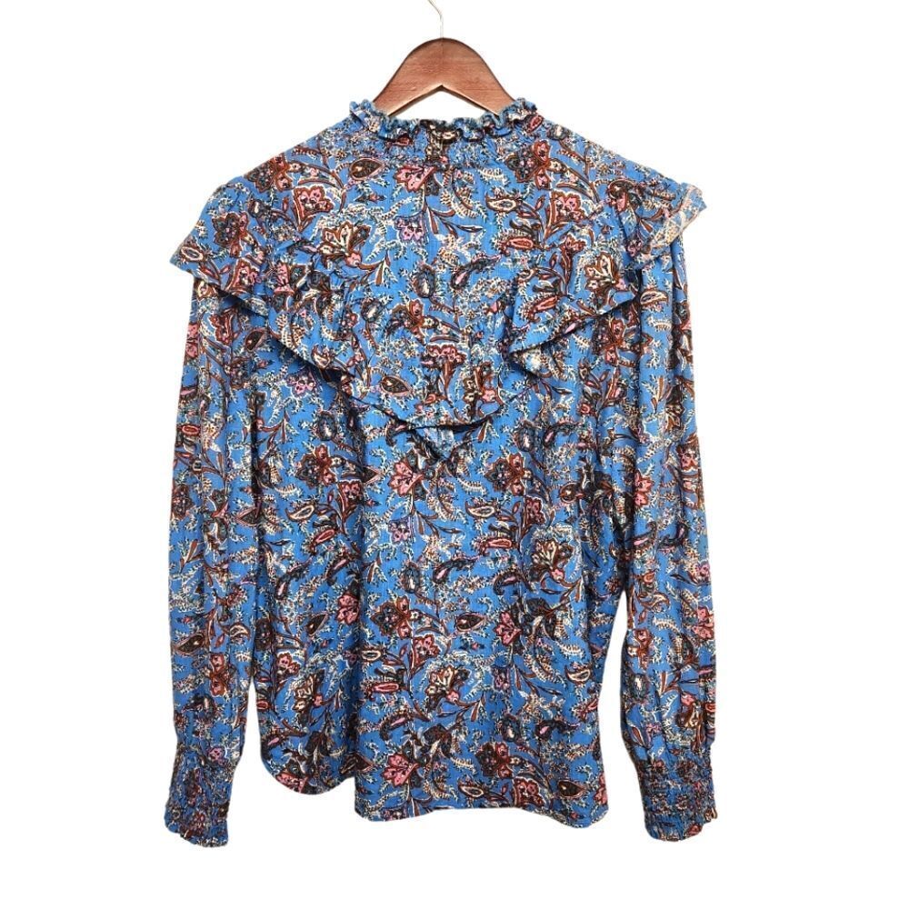 LOFT Bouquet Ruffle Shirt Blue Paisley Size XL - Picture 4 of 6